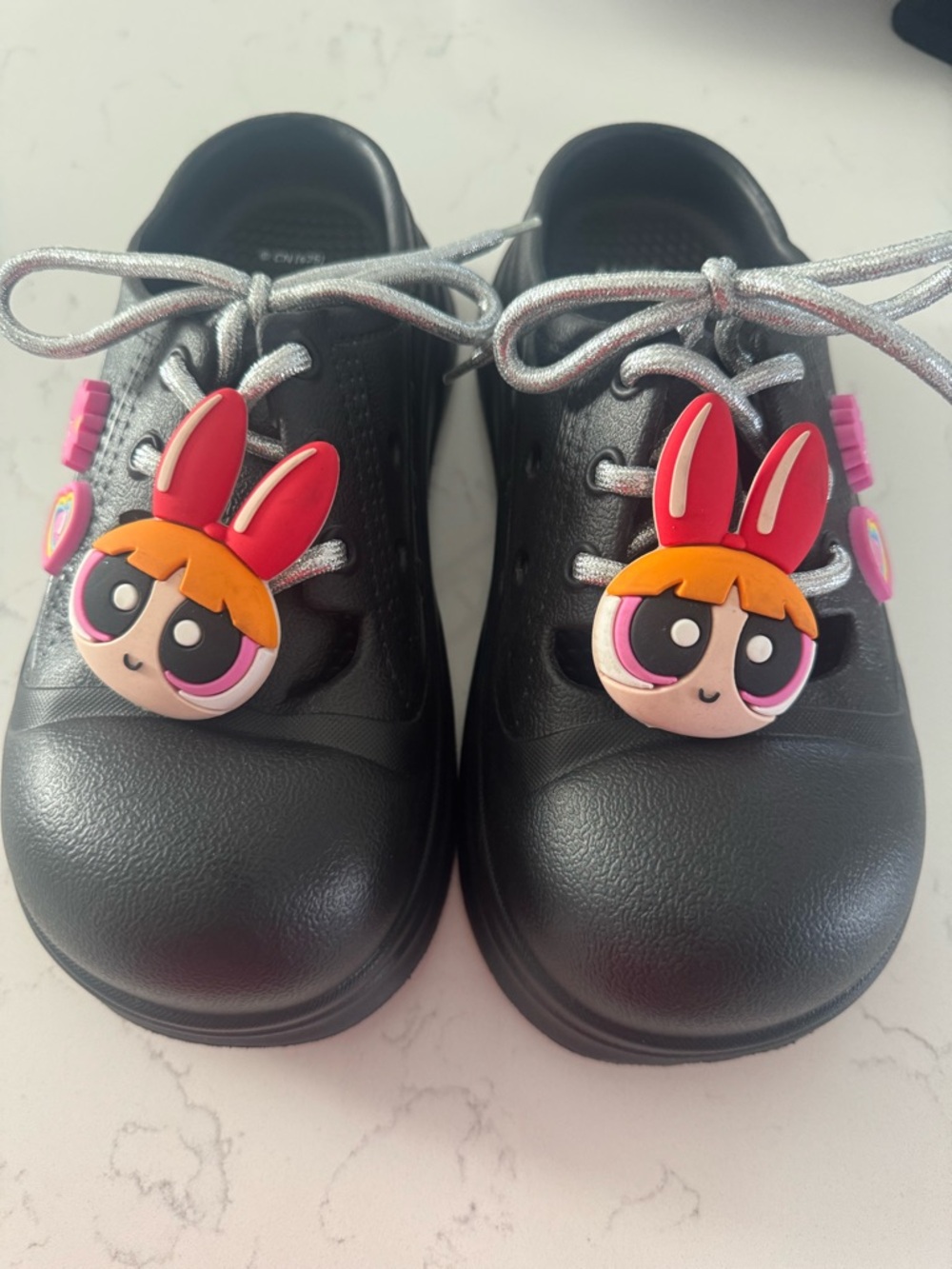 Black Kids Shoes with Pink Cartoon Charms